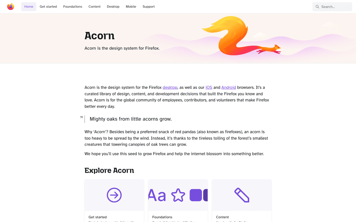 The Acorn design system homepage for Firefox