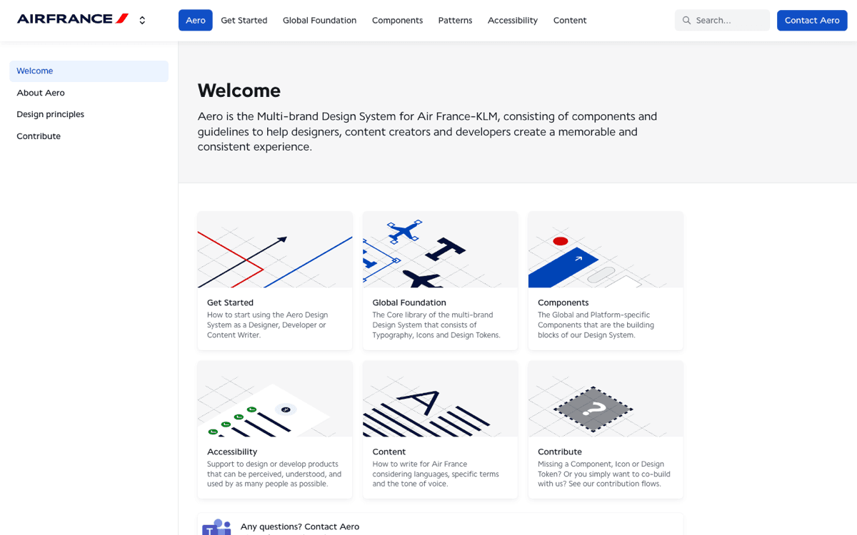 The Aero Design System homepage on the Air France domain
