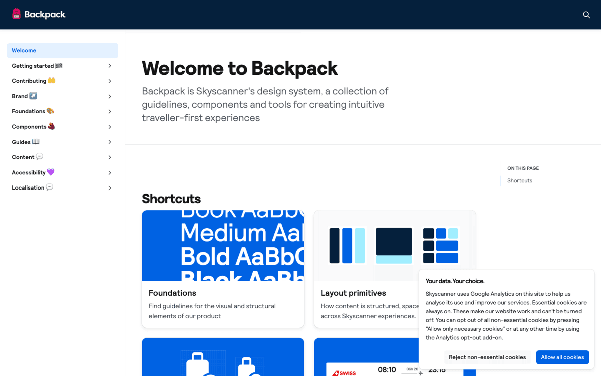 The Backpack design system homepage from Skyscanner