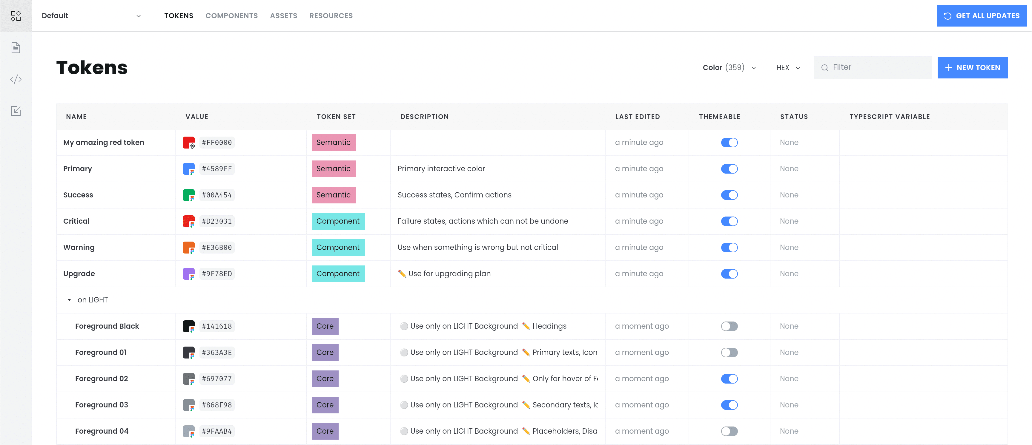 Image of design system tokens structure in Supernova.