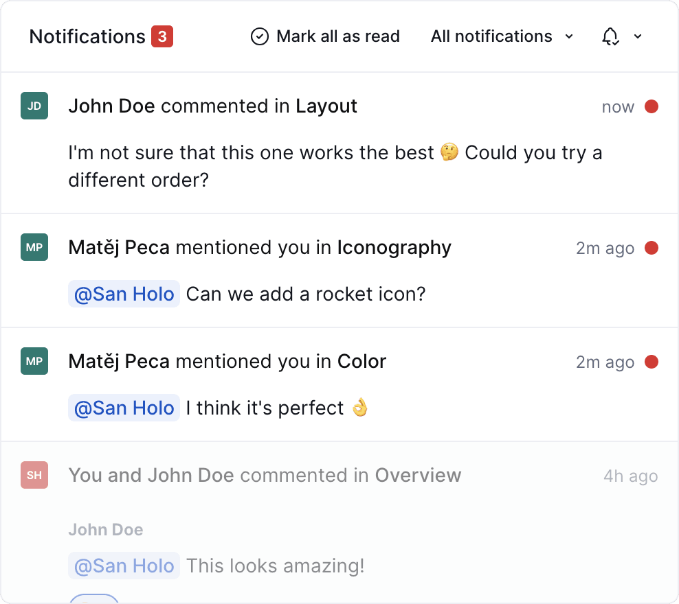 Notifications list in documentation